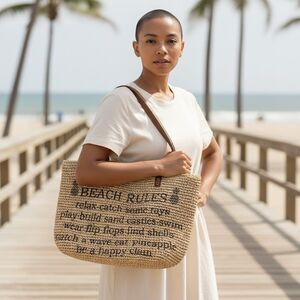 Straw Beach Shoulder Bag Purse Tote "Beach Rules" CUTE 20x14